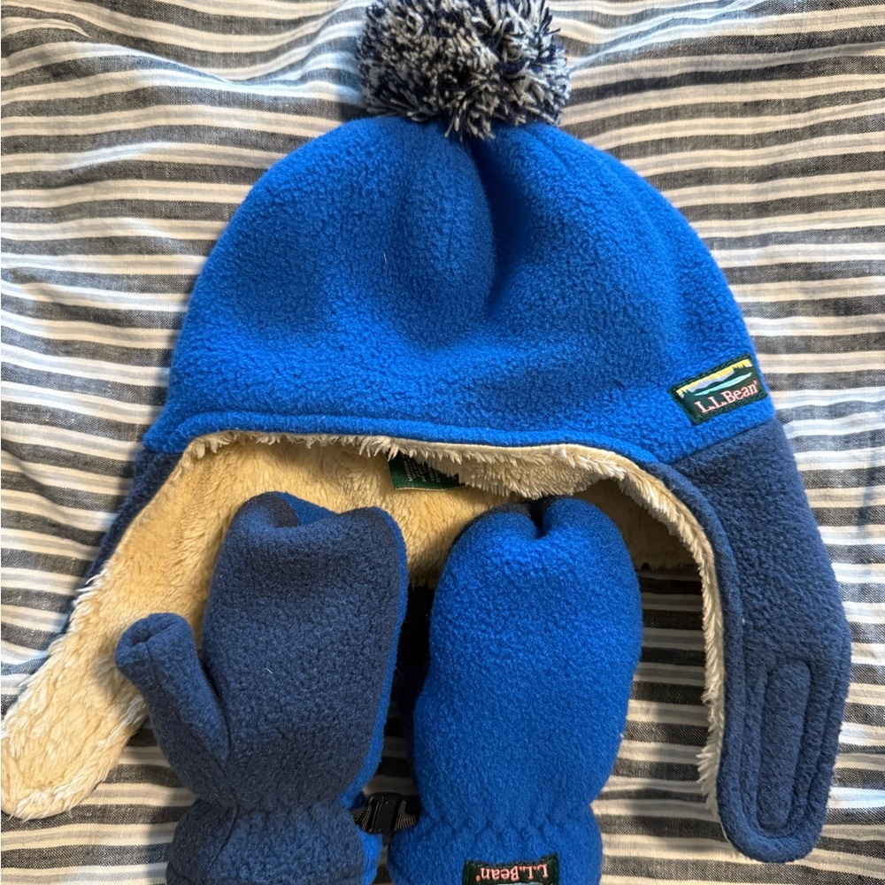 L.L. Bean Kids Blue Fleece Hat and Mittens